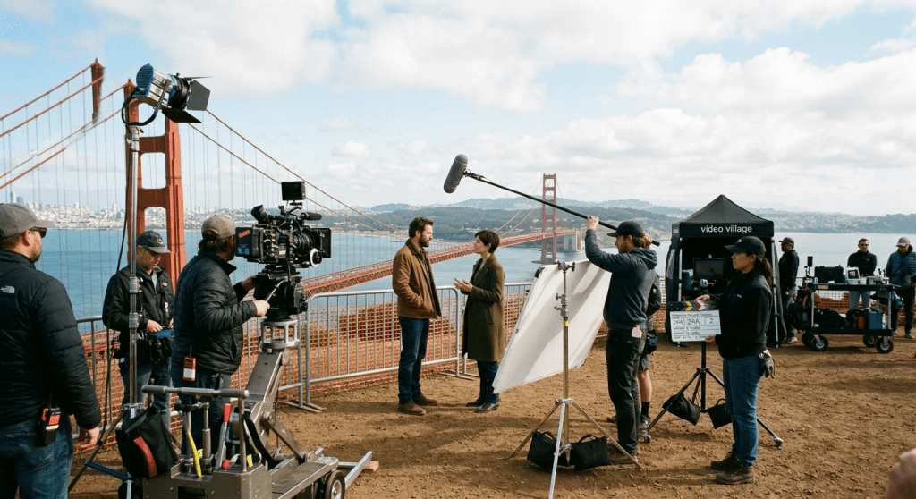 Film crew and actors shooting a scene near the Golden Gate Bridge with camera, boom mic, and lighting equipment